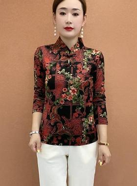 妈妈印花长袖上衣女中老年秋季洋气小衫Z复古女装t恤2024新款时尚