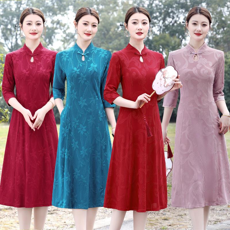 中老年女套头复古连衣裙显瘦妈妈装改良旗袍裙七分袖春夏季连衣裙