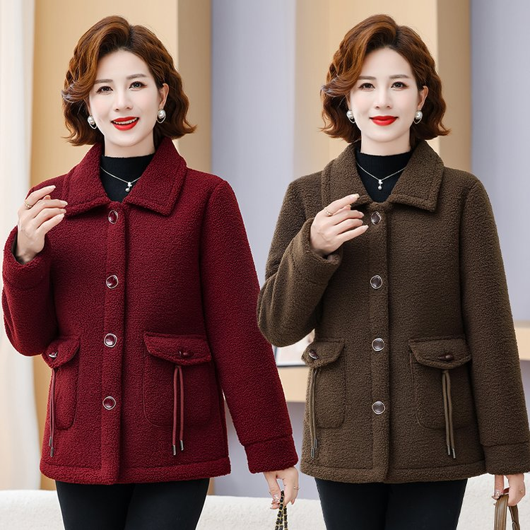 新款妈妈冬装翻领颗粒绒棉衣中老年女秋冬羊羔绒外套加绒加厚棉袄