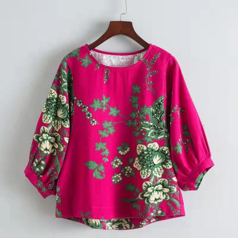 春秋新款棉麻印花大码妈妈女装灯笼袖T恤文艺小碎花宽松打底衫女