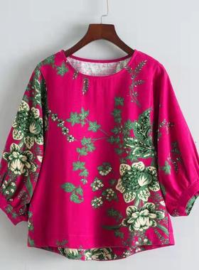 春秋新款棉麻印花大码妈妈女装灯笼袖T恤文艺小碎花宽松打底衫女