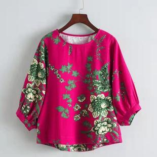 T恤文艺小碎花宽松打底衫 春秋新款 灯笼袖 妈妈女装 女 棉麻印花大码
