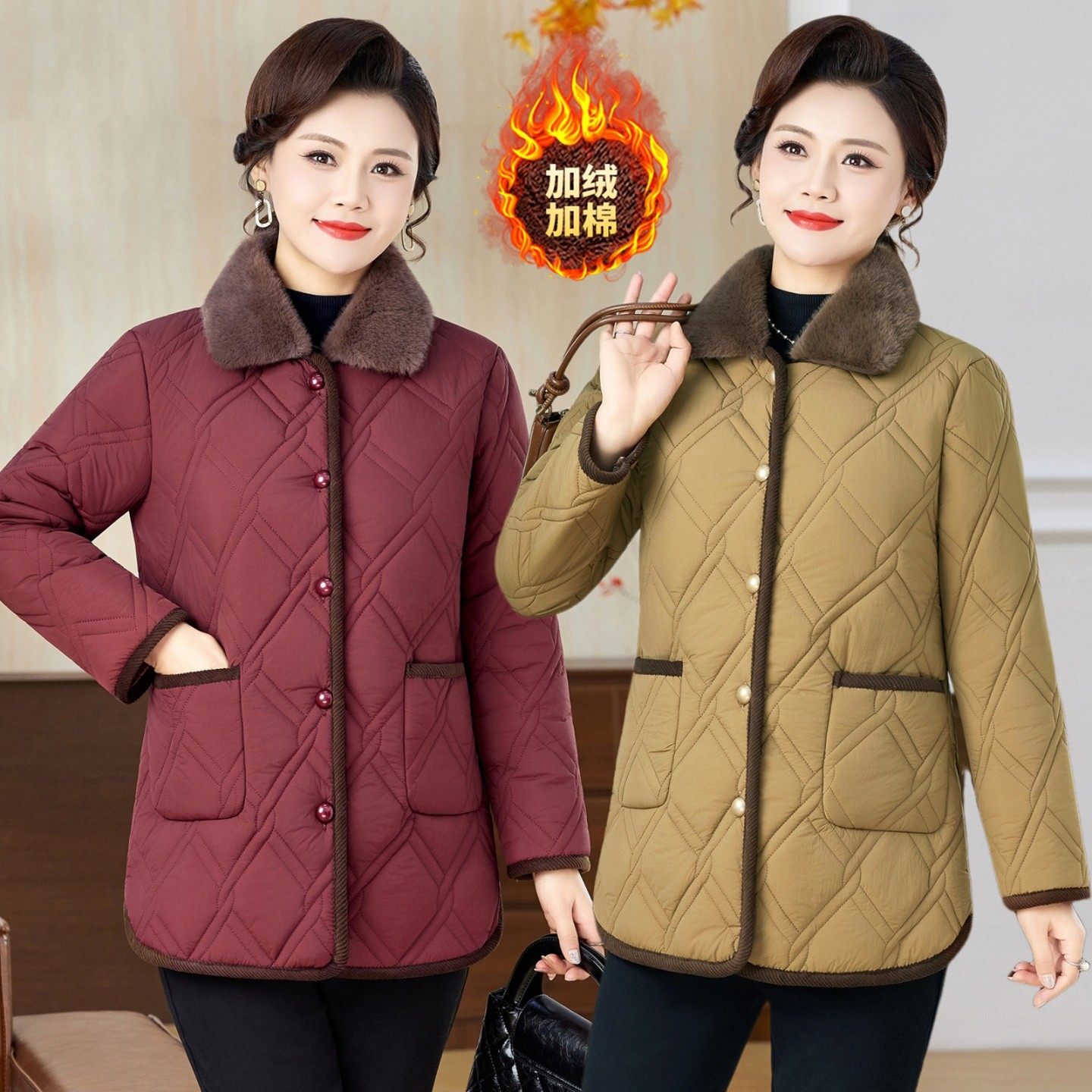 中老年女装休闲棉衣宽松棉袄妈妈冬季毛领包边羽绒棉加绒保暖棉服