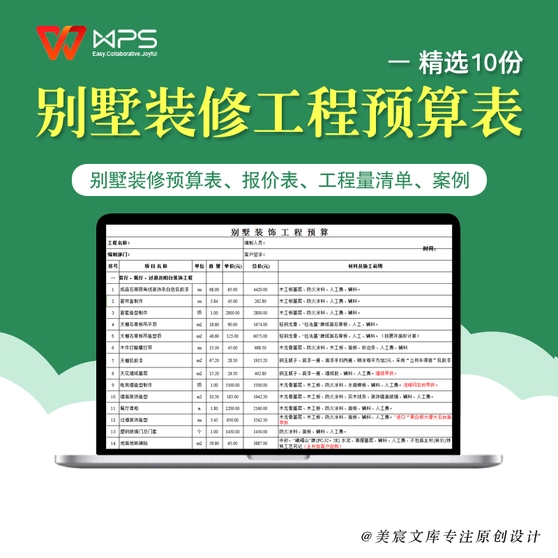 别墅室内装修工程施工预算表报价表计划工程量清单excel表格模板