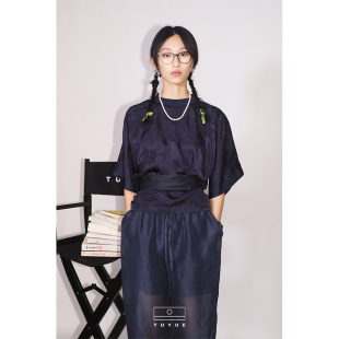 beauty」一片式 over 提花腰带上衣「花青」 「Brains TUYUE涂月