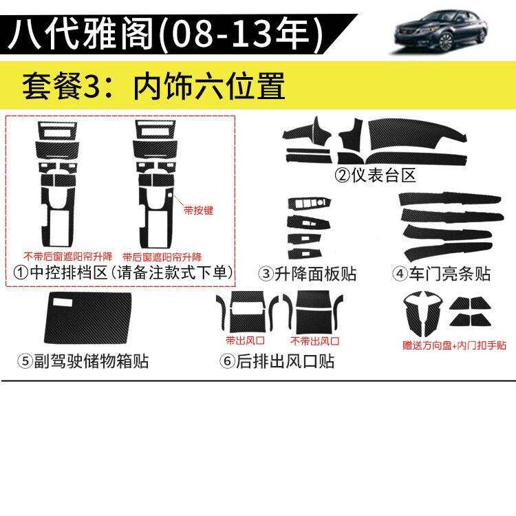 适用于8代八代雅阁歌诗图碳纤内改色膜