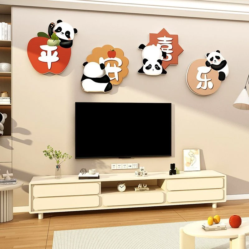 客厅玄关改造熊猫奶油风电视机背景大白墙面装饰品挂件贴自粘壁画
