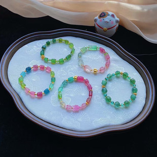 黄金与碧玺的碰撞 古典渐变回纹碧玺雕刻手链