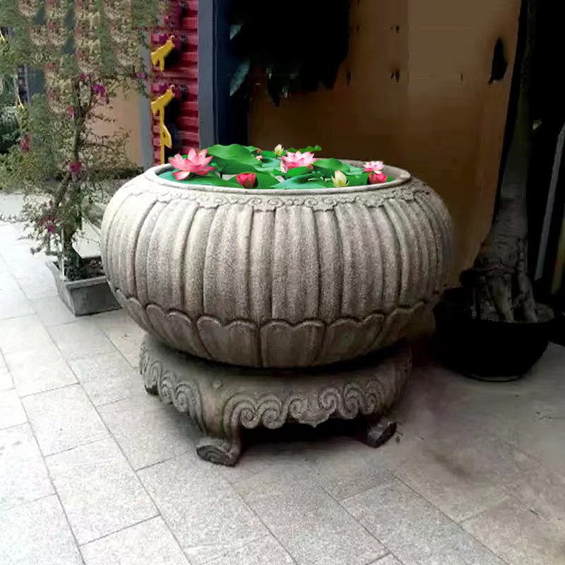 石雕鱼缸花盆青石仿古做旧圆形荷花缸户外室内庭院装饰石头缸摆件