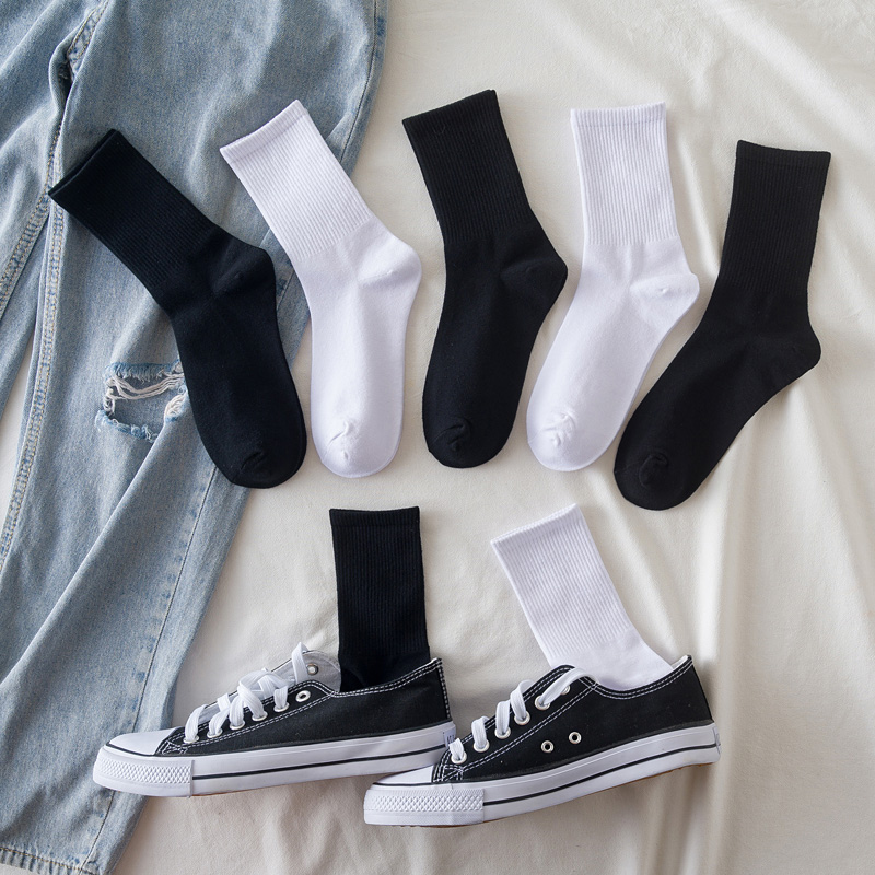 黑色袜子女中筒袜纯棉ins潮长袜男秋冬季纯色高筒防臭长筒袜白色