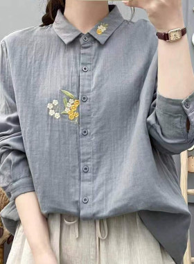 森系文艺范长袖衬衫女娃娃领刺绣纯棉小清新上衣双层棉纱衬衣打底