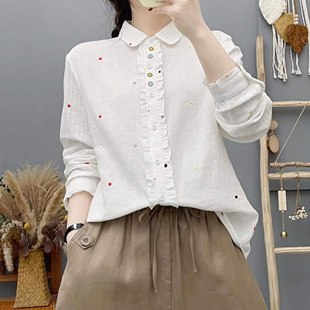 文艺彩色点点刺绣衬衫 宽松显瘦百搭翻领打底上衣双层棉纱衬衣 长袖
