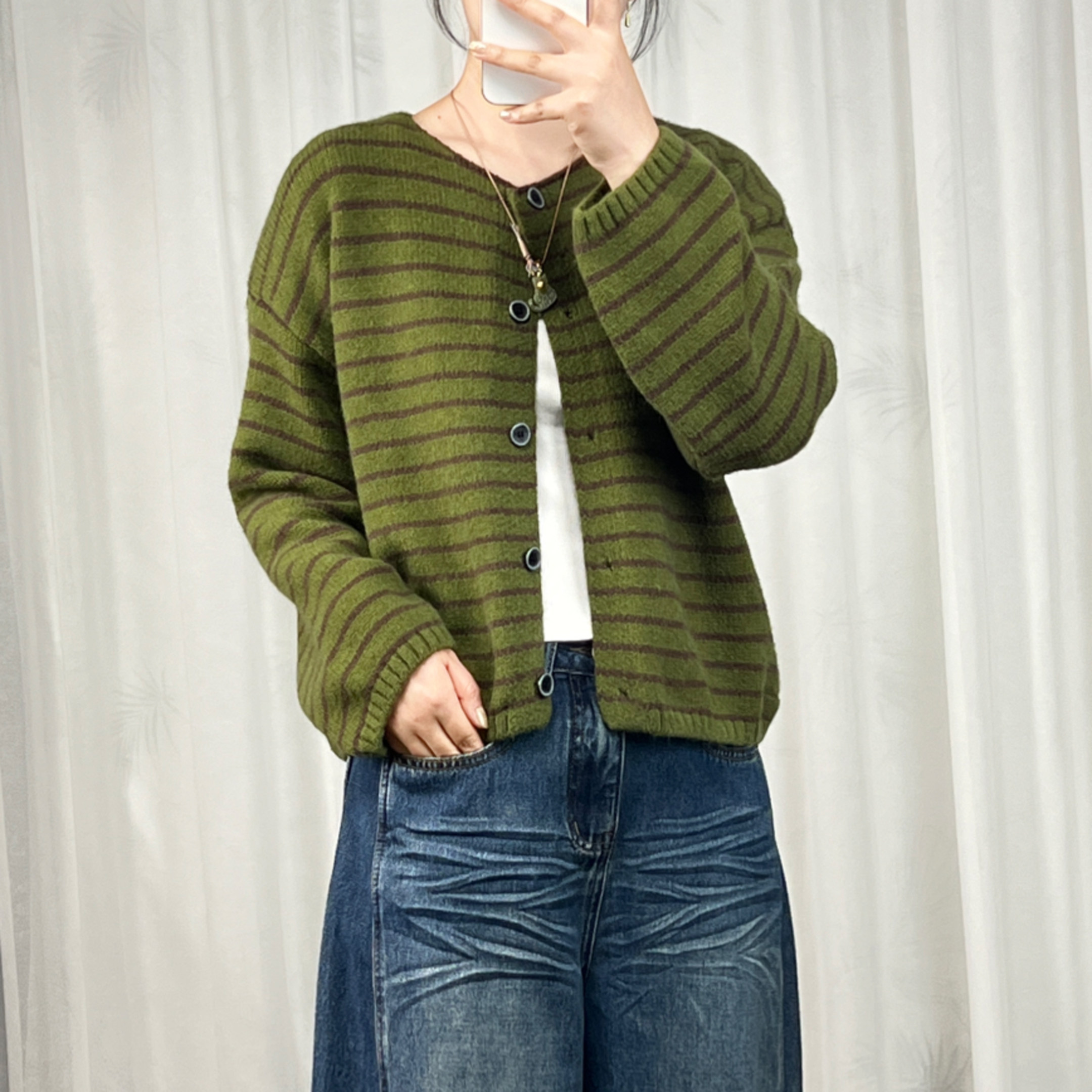慵懒条纹针织开衫女短款圆领单排扣百搭松弛感毛衣小个子学生小衫
