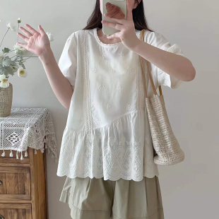 日系森女风蕾丝刺绣衬衫 宽松显瘦花边娃娃衫 上衣提花T恤衫 女短袖