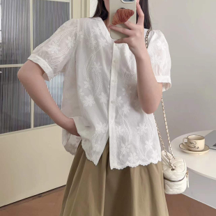 衬衫 女宽松显瘦百搭减龄白色上衣提花衬衣学院风 刺绣花朵短袖 韩版
