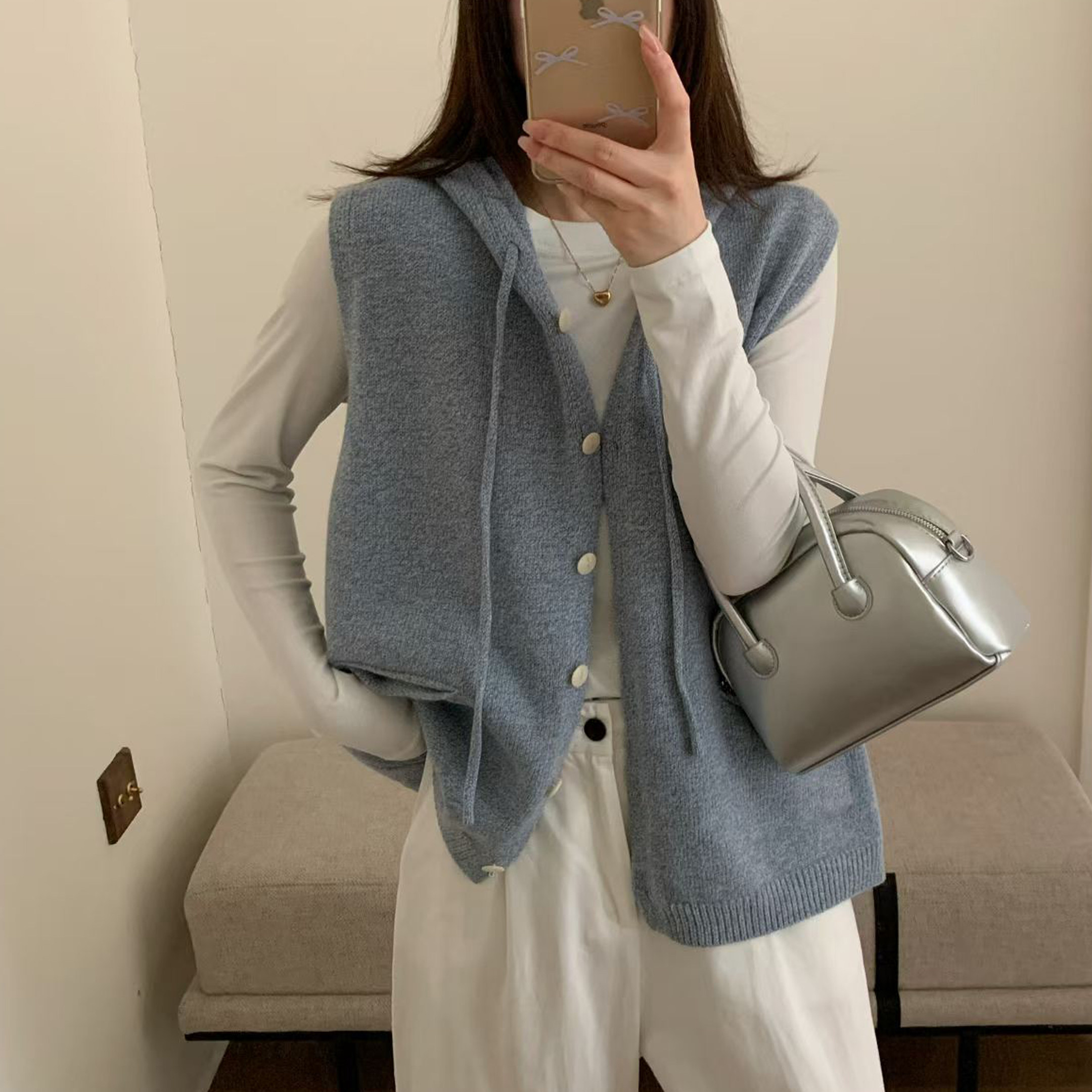 慵懒风连帽针织马甲女V领拉链开衫无袖背心叠穿百搭上衣春秋坎肩
