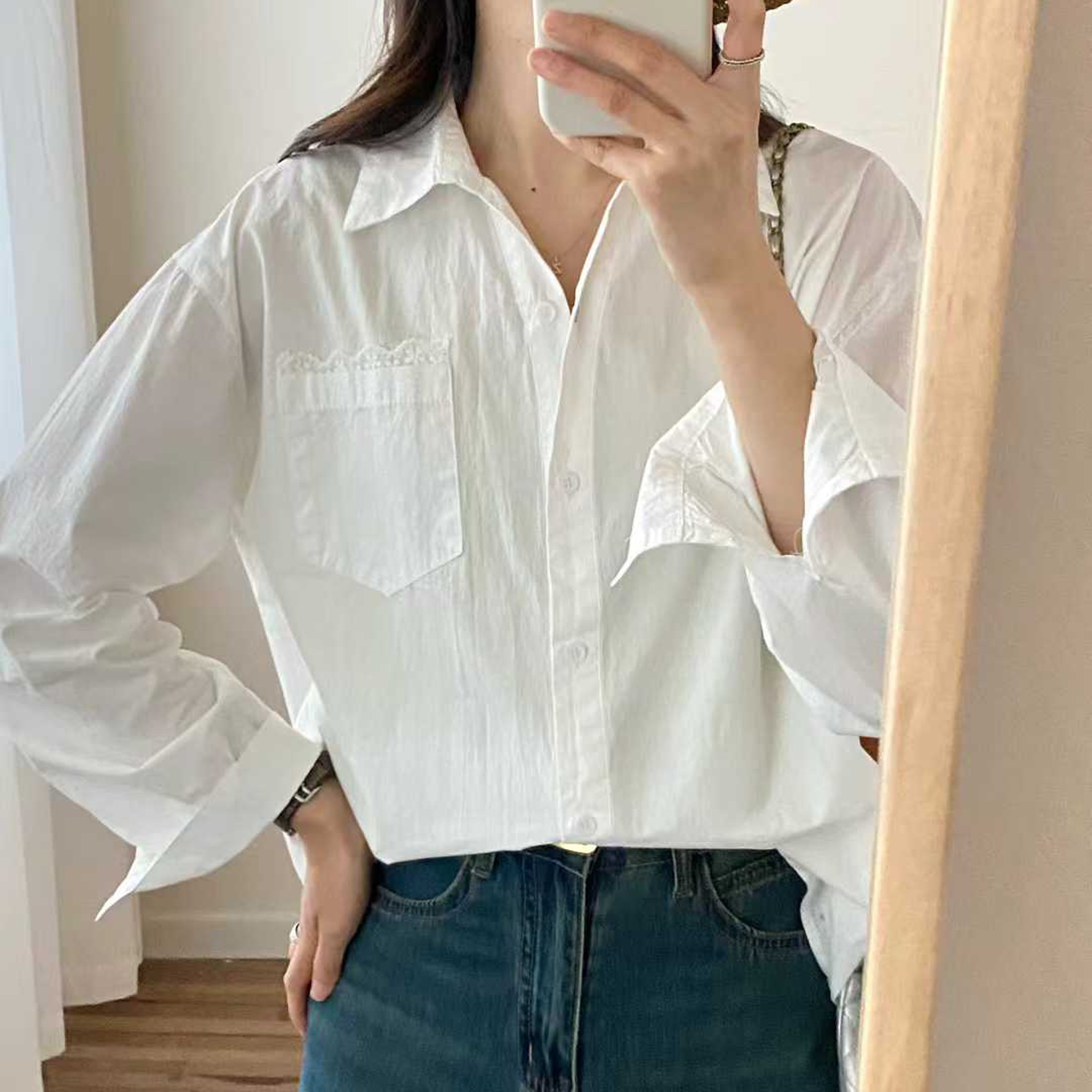 韩版白色蕾丝钩花拼接衬衫女长袖宽松显瘦洋气极简风松弛感上衣