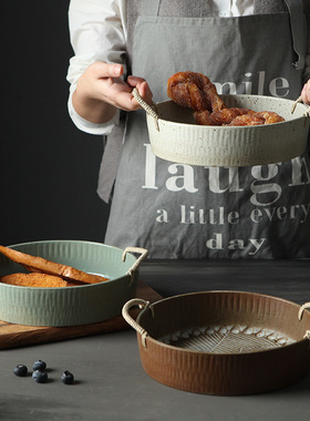 日式大菜碗盘果盘民宿复古风托盘茶室装饰茶食水果糕点盘粗陶