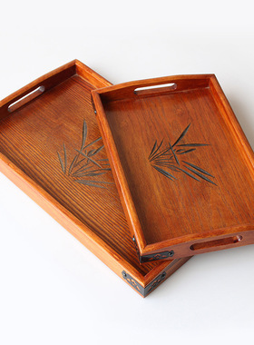 日式实木端菜盘西餐托盘早餐平盘水果盘木质长方形茶杯托盘纯色