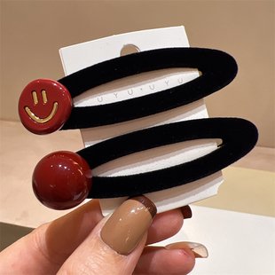边夹发夹 时尚 新款 高级感黑色丝绒复古红色大珍珠BB夹合金笑脸韩版