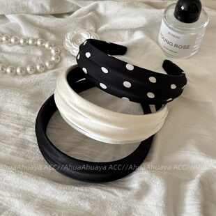 AhuaAhuaya秋冬韩版 黑白波点缎面布艺骨骼感宽发箍高颅顶头箍 时尚