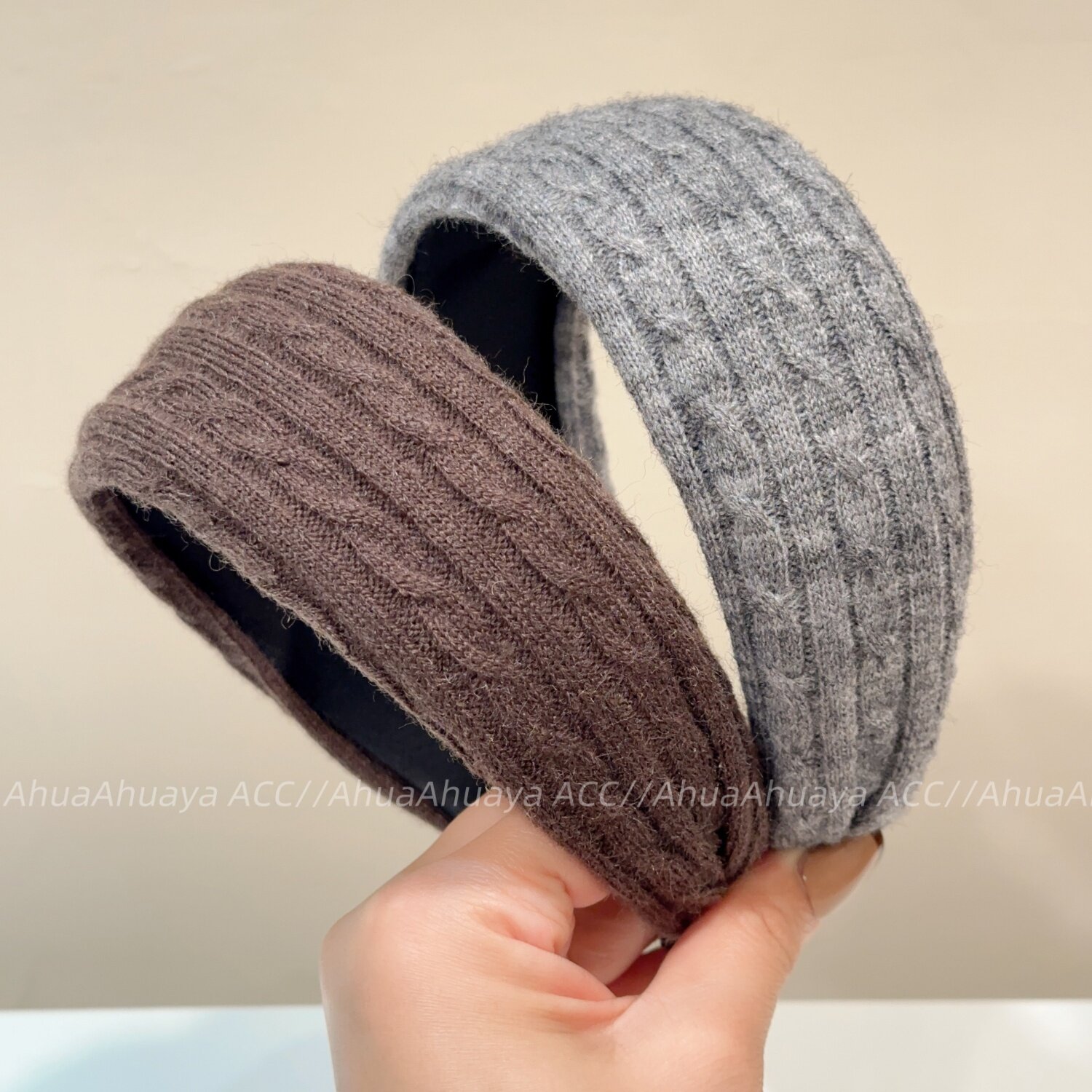 AhuaAhuaya韩系时尚百搭麻花纹理灰色羊毛毛线针织宽边发箍宽头箍