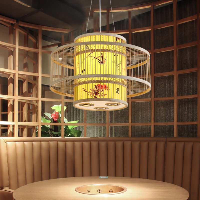 中式竹编吊灯带射灯火锅店餐厅灯