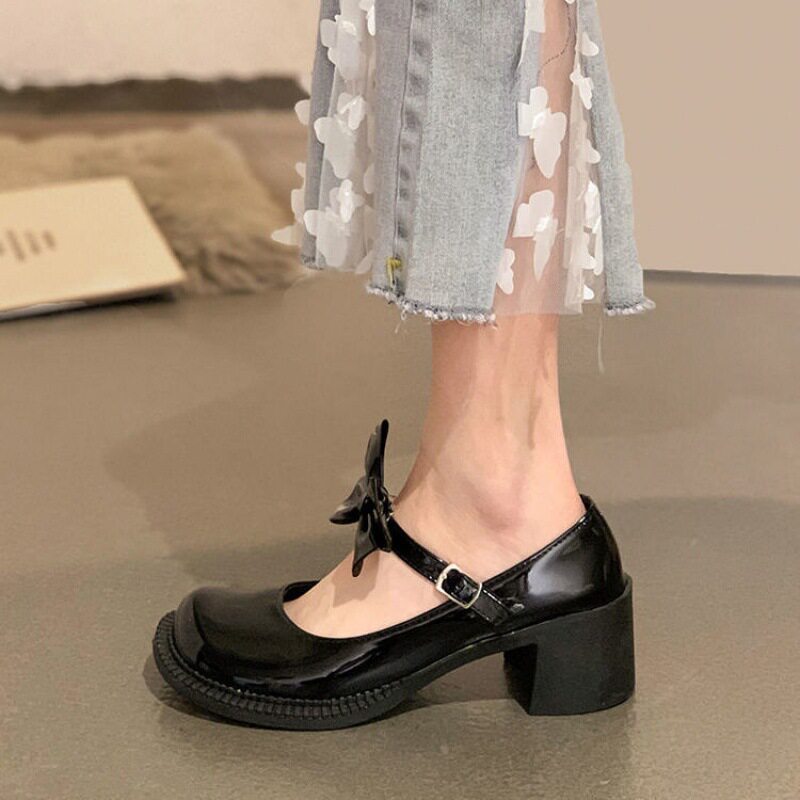女新款皮鞋仙女单鞋蝴蝶结年女春玛丽网红小跟粗鞋子时尚风2023珍