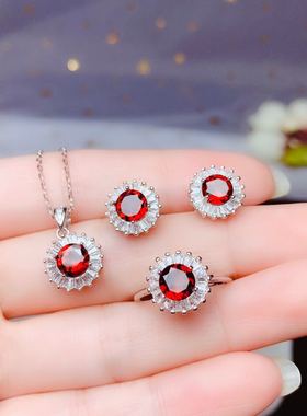 天然吊坠耳钉白金韩版红宝石戒指