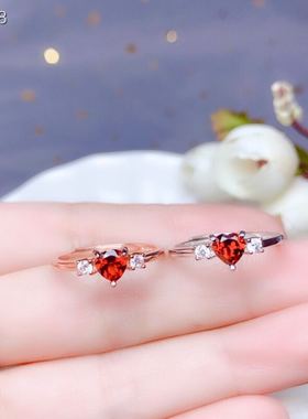 925银日韩风饰品爱心石榴石戒指