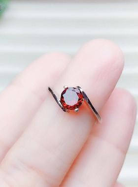 天然日韩风红色活口石榴石戒指
