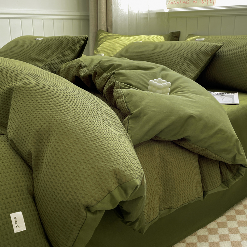 高级感华夫格水洗棉床上四件套床单被套100%非全棉纯棉三件套床品