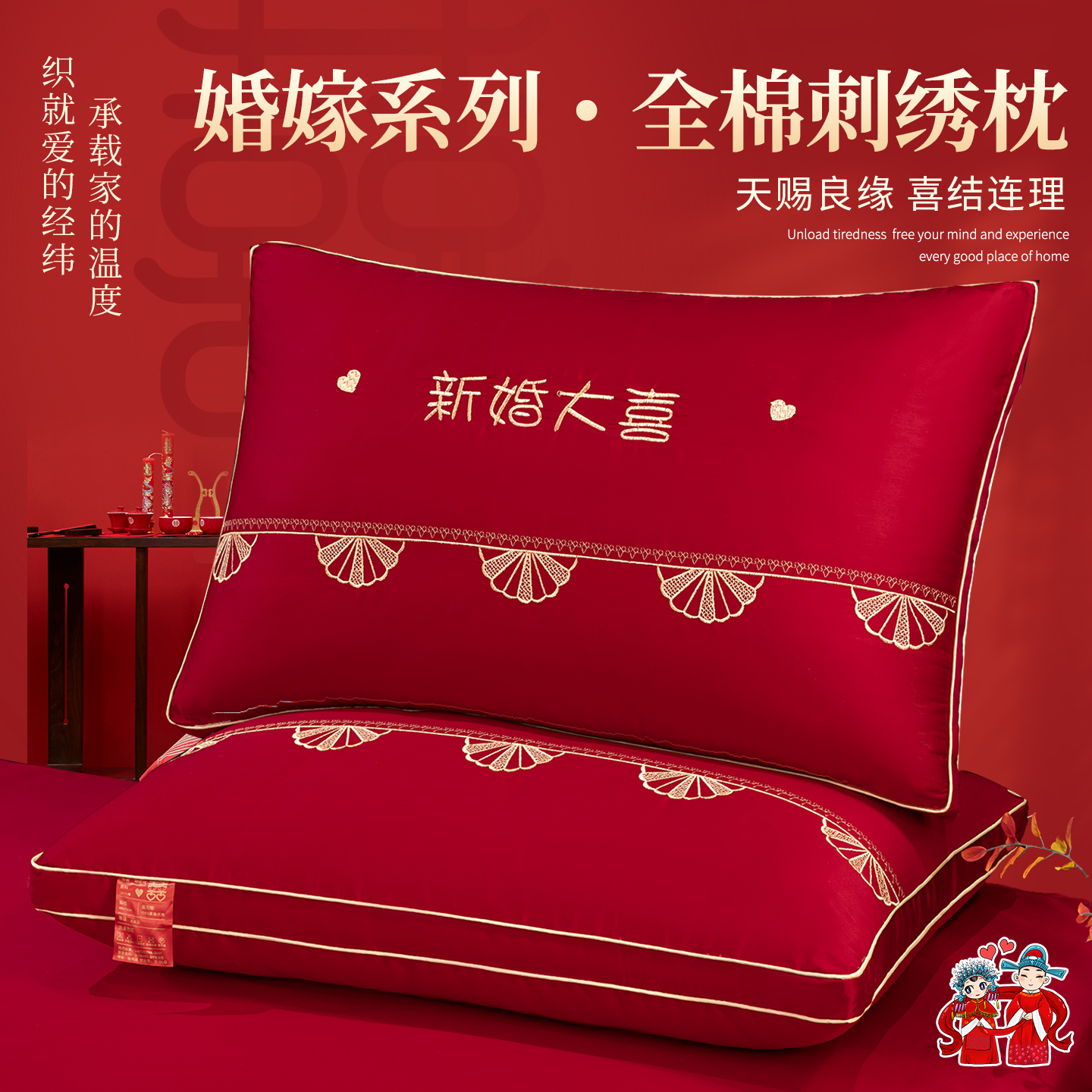 结婚枕头一对陪嫁纯棉婚庆枕芯囍字刺绣喜庆护颈枕48×74cm单人用