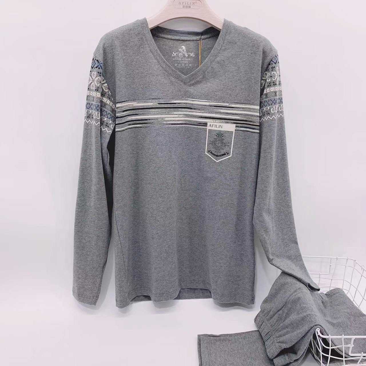 包邮直销雅慧琳男士圆领秋衣秋裤莱卡棉印花修身保暖内衣休闲套装