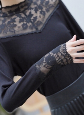 秘姝儿9615秋冬季女士针织莫代尔中领打底衫镂空蕾丝内搭保暖上衣