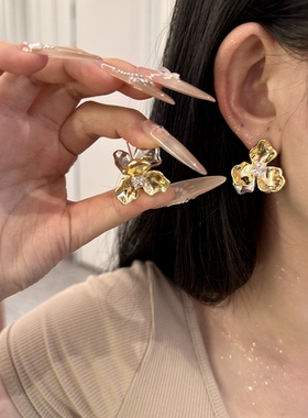 YO MI 高级法式复古金属前后立体花朵撞色锆石耳环小众设计耳饰品