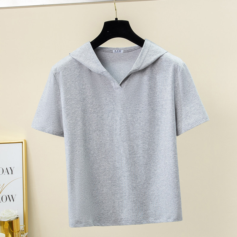 2026新款正肩开襟连帽短袖t恤女士纯棉夏季卫衣大码带帽灰色薄款