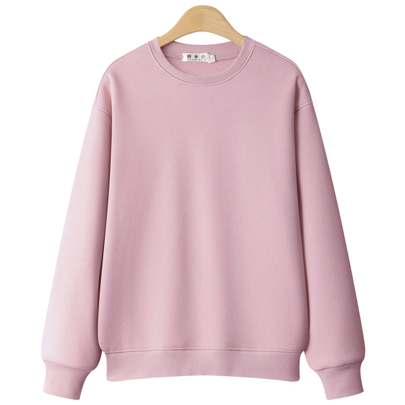 秋冬正肩卫衣女圆领2025新款无帽加绒加厚大码春薄款粉色长袖上衣