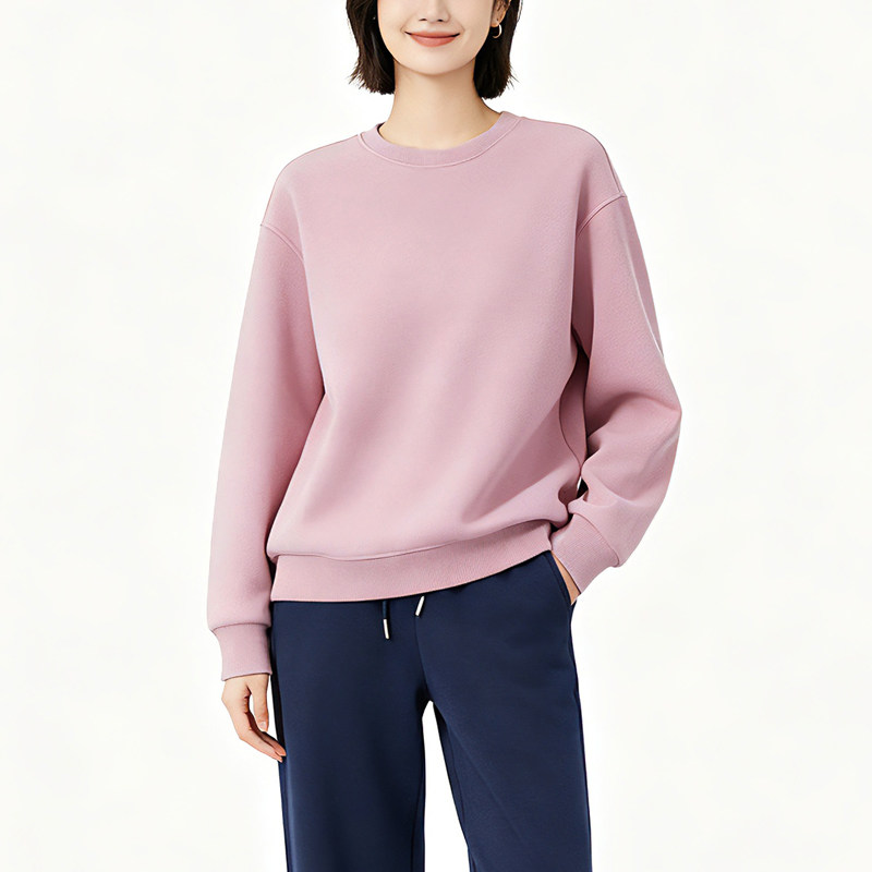 正肩春秋卫衣女圆领2026新款无帽加绒加厚秋冬季大码粉色宽松长袖