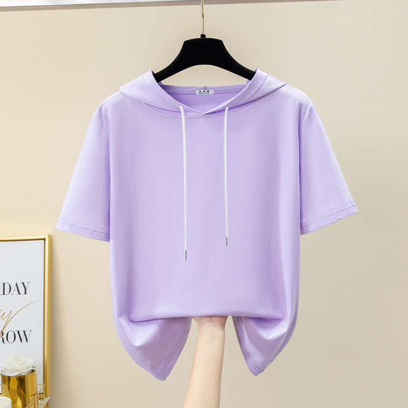 2025新款正肩连帽短袖t恤女纯棉夏卫衣大码宽松带帽薄款紫色上衣