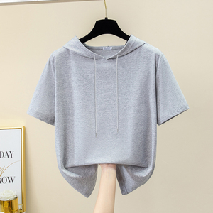 2025新款夏季连帽短袖t恤女纯棉大码宽松带帽卫衣薄款慵懒风帽衫