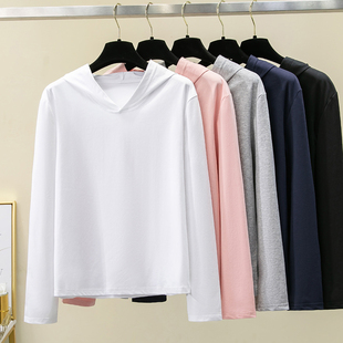 2025新款开春连帽长袖t恤女秋纯棉带帽卫衣薄款宽松大码休闲帽衫