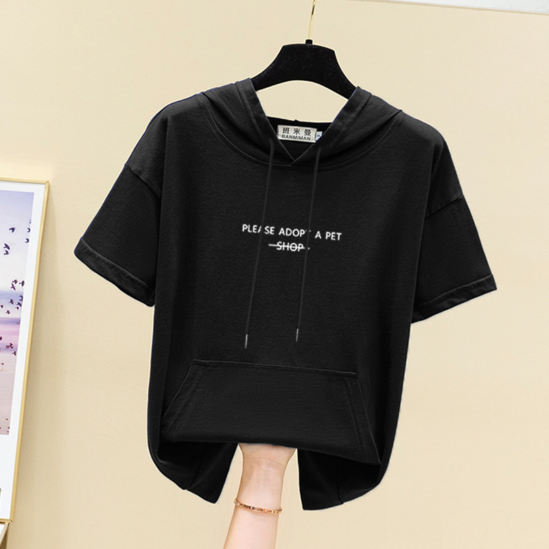 2026新款连帽短袖t恤女纯棉夏季卫衣大码宽松带帽薄款黑色帽衫潮