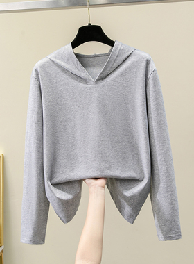 2026新款春秋灰色连帽长袖t恤女薄款宽松大码带帽卫衣夏纯棉帽衫