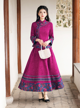 新款中国风改良旗袍套装女春秋提花唐装两件套时尚女装民族风套装