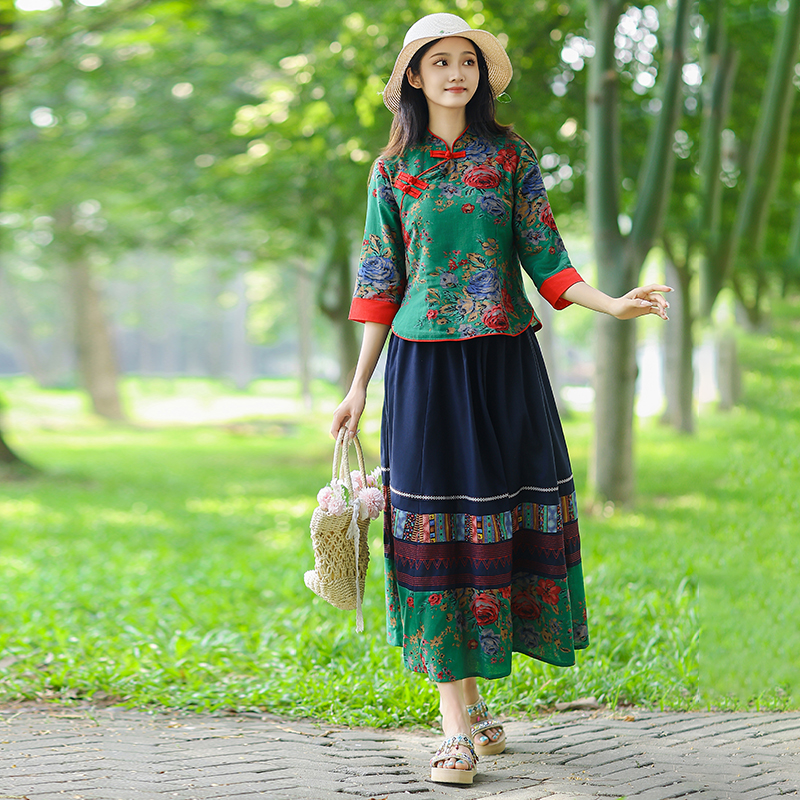 春秋民族风服装套装棉麻立领上衣两件套复古半身裙旅游度假舞台裙