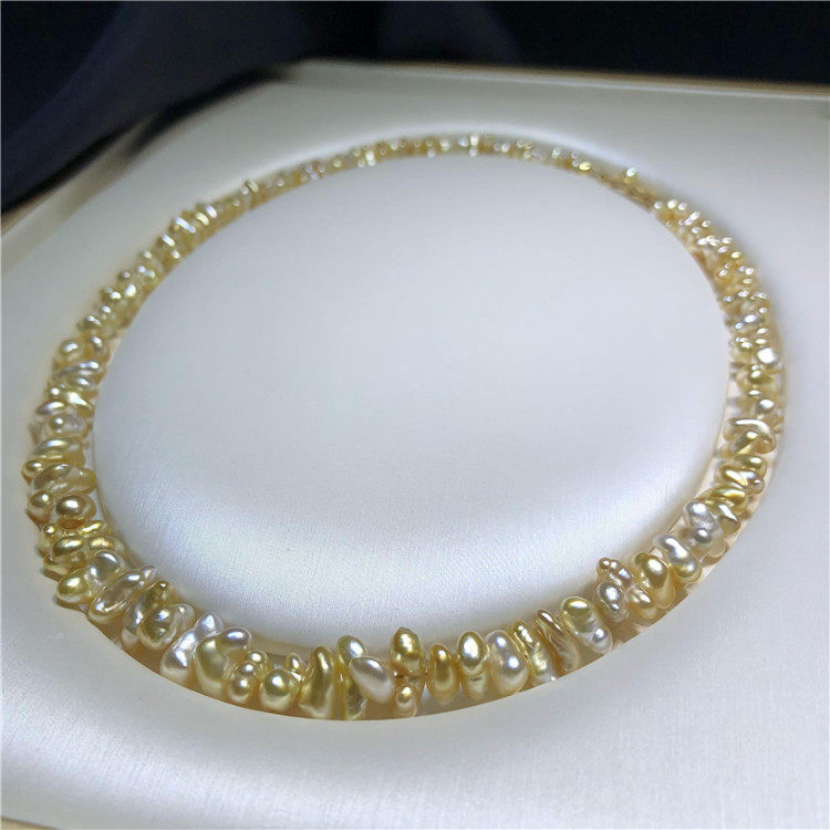 纯天然野生keshi无核金色海水珍珠项链配18k金扣蒿级定制du壹无二