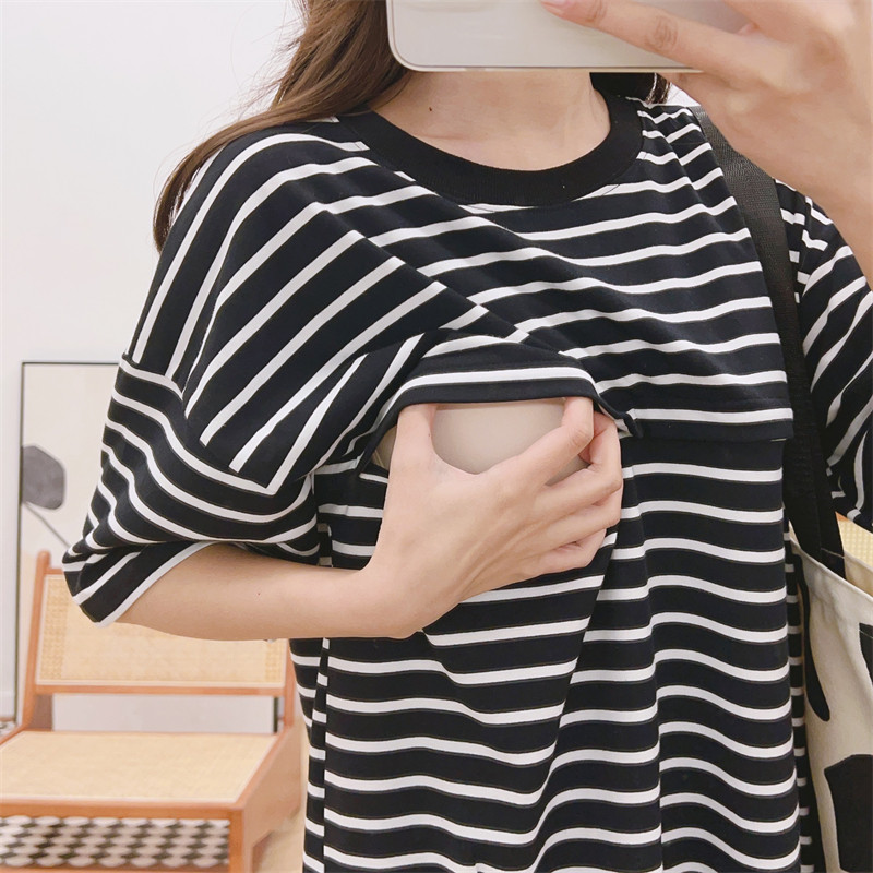 夏季哺乳期外出辣妈上衣服可外穿短袖穿搭潮妈哺衣T恤横拉链纯棉