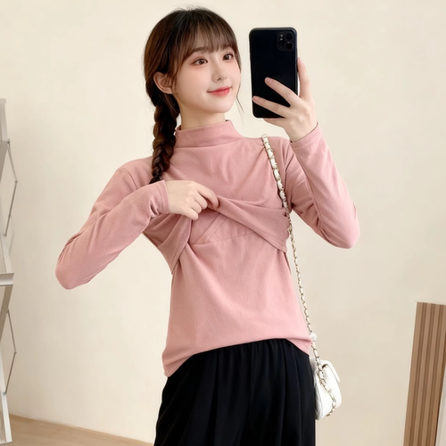 交叉式德绒加绒加厚哺乳期孕妇保暖内衣打底秋冬季内搭秋衣上衣服