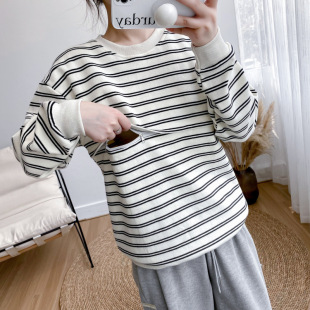横拉链条纹卫衣哺乳期上衣服外出辣妈秋季 产后宝妈 可外穿潮妈秋装